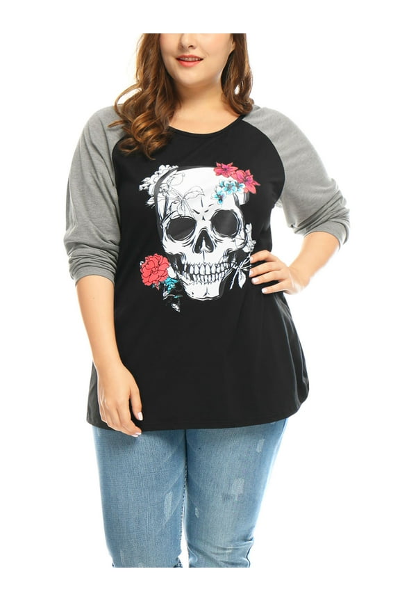 Juniors' Plus Size Floral Skull Contrast Color Raglan Top 1X Black
