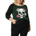 thumbnail image 1 of Unique Bargains Juniors' Plus Size Floral Skull Contrast Color Raglan Top 4X Dark Green, 1 of 6
