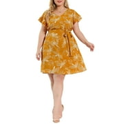 UNIQUE BARGAINS Juniors' Plus Size Floral Tie Waist Layered Sleeve V Neck Dresses 3X Ginger