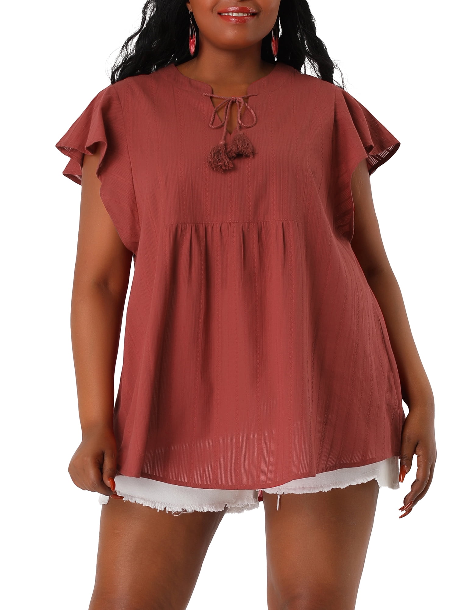 Unique Bargains Juniors' Plus Size Flutter Sleeve Drawstring Flowy Split V Neck Tunic Top Brick Red 1X