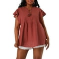 thumbnail image 1 of Unique Bargains Juniors' Plus Size Flutter Sleeve Drawstring Flowy Split V Neck Tunic Top Brick Red 2X, 1 of 7