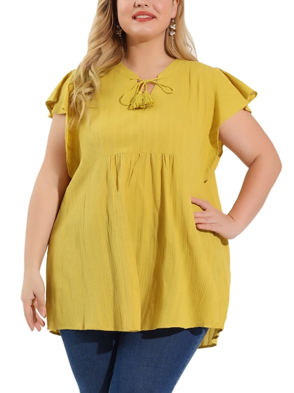 Juniors' Plus Size Flutter Sleeve Drawstring Flowy Split V Neck Tunic Top Ginger 2X