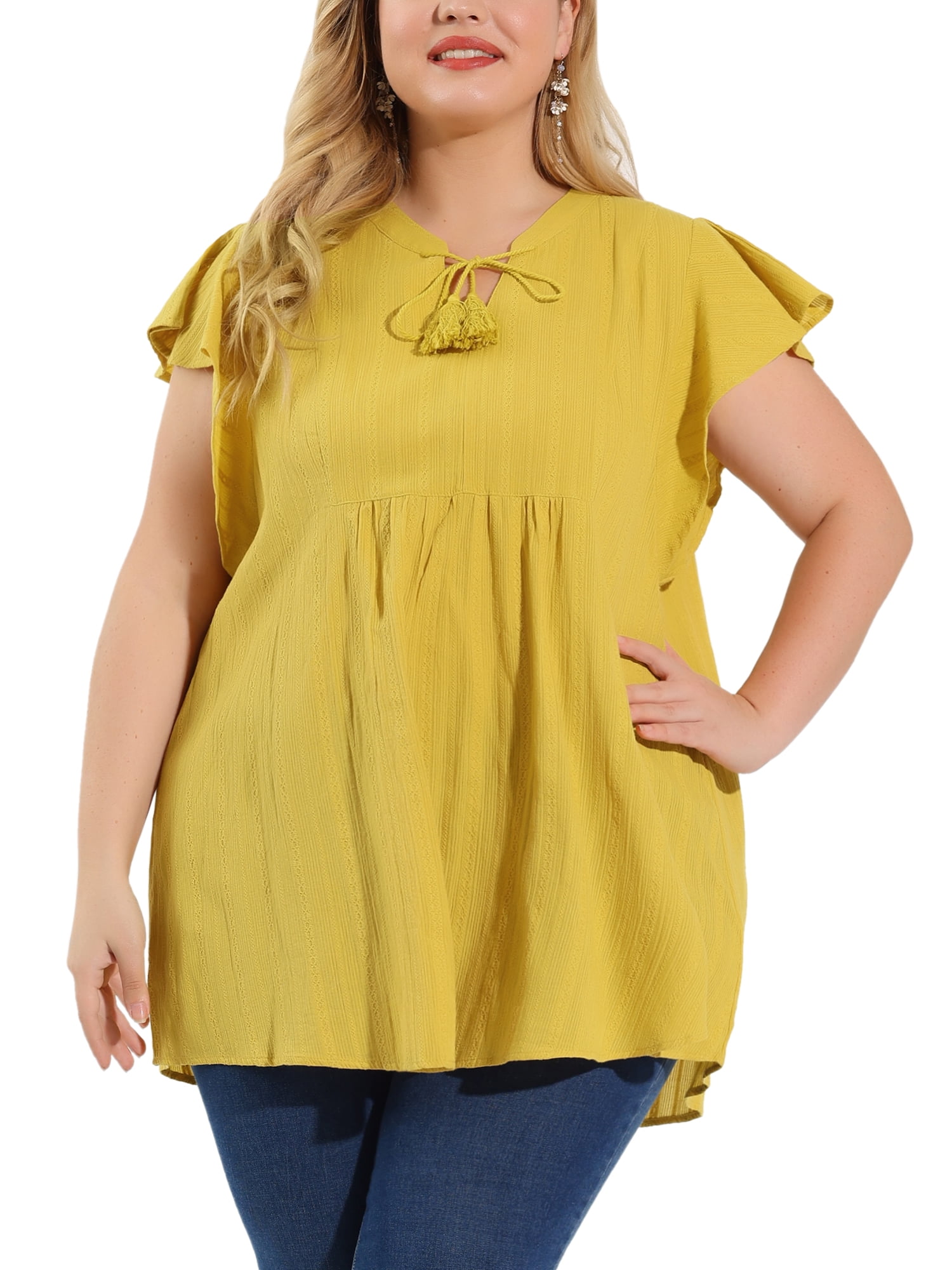 Unique Bargains Juniors' Plus Size Flutter Sleeve Drawstring Flowy Split V Neck Tunic Top Ginger 3X