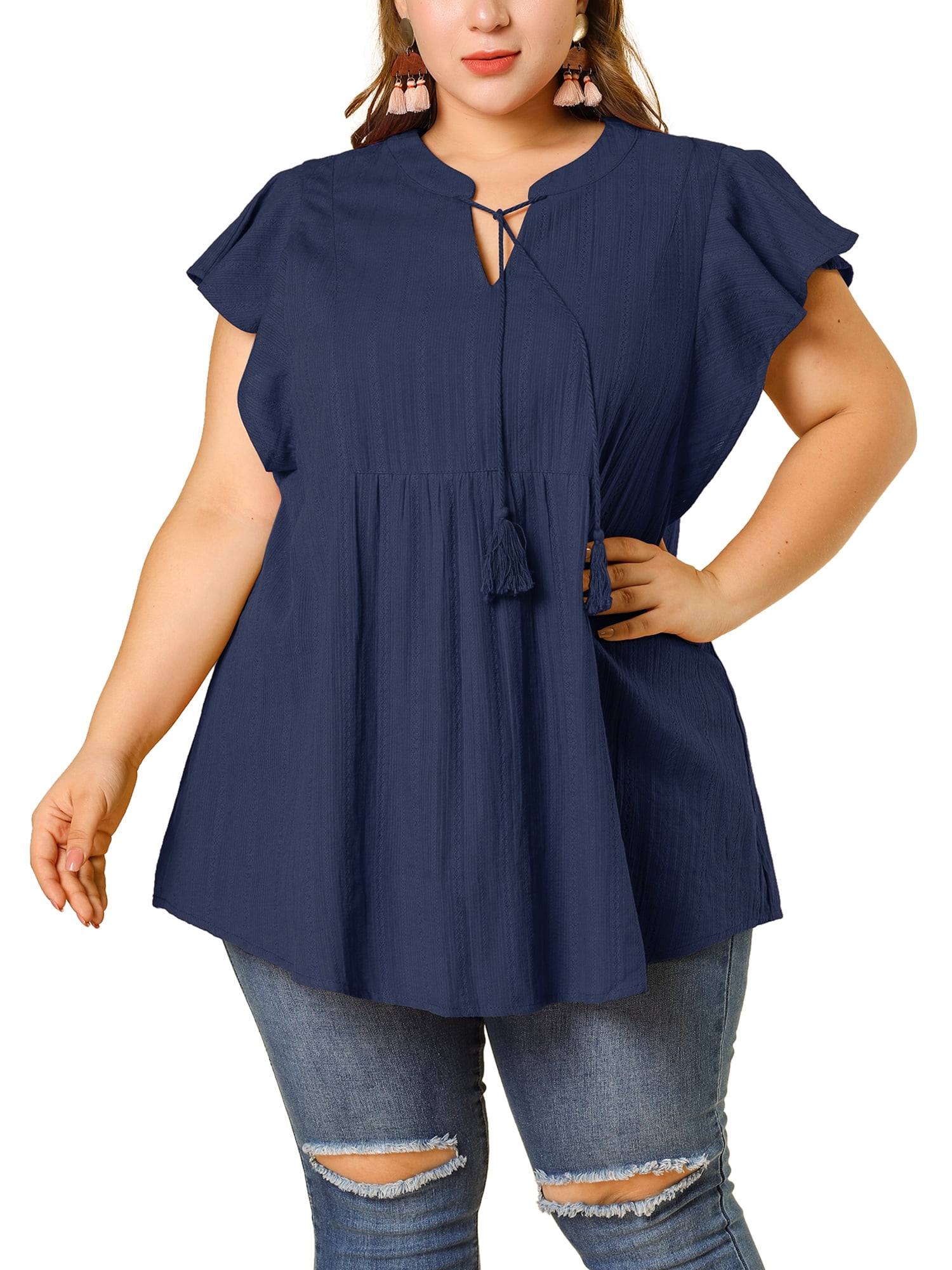 Unique Bargains Juniors' Plus Size Flutter Sleeve Drawstring Flowy Split V Neck Tunic Top Navy Blue 2X
