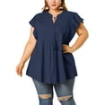 thumbnail image 1 of Unique Bargains Juniors' Plus Size Flutter Sleeve Drawstring Flowy Split V Neck Tunic Top Navy Blue 2X, 1 of 6