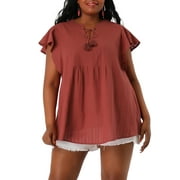 Unique Bargains Juniors' Plus Size Flutter Sleeve Drawstring Flowy Split V Neck Tunic Top Brick Red 1X