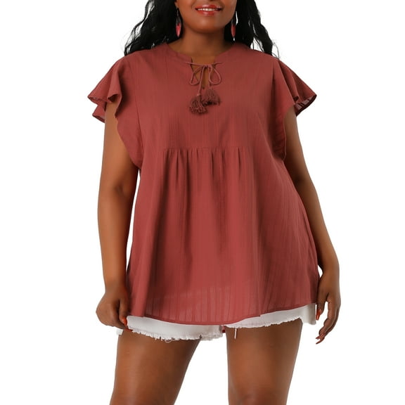 Unique Bargains Juniors' Plus Size Flutter Sleeve Drawstring Flowy Split V Neck Tunic Top Brick Red 2X