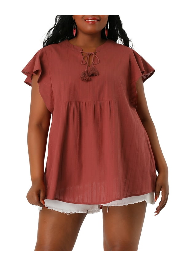 Juniors' Plus Size Flutter Sleeve Drawstring Flowy Split V Neck Tunic Top Brick Red 2X