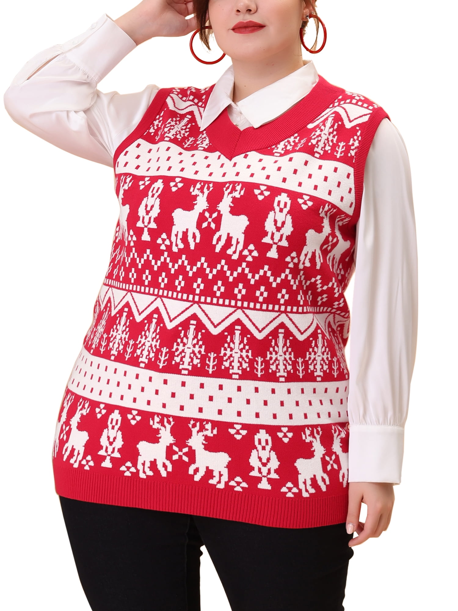 Unique Bargains Juniors' Plus Size Houndstooth Vest V Neck Loose Knitted Sweaters 2X Red