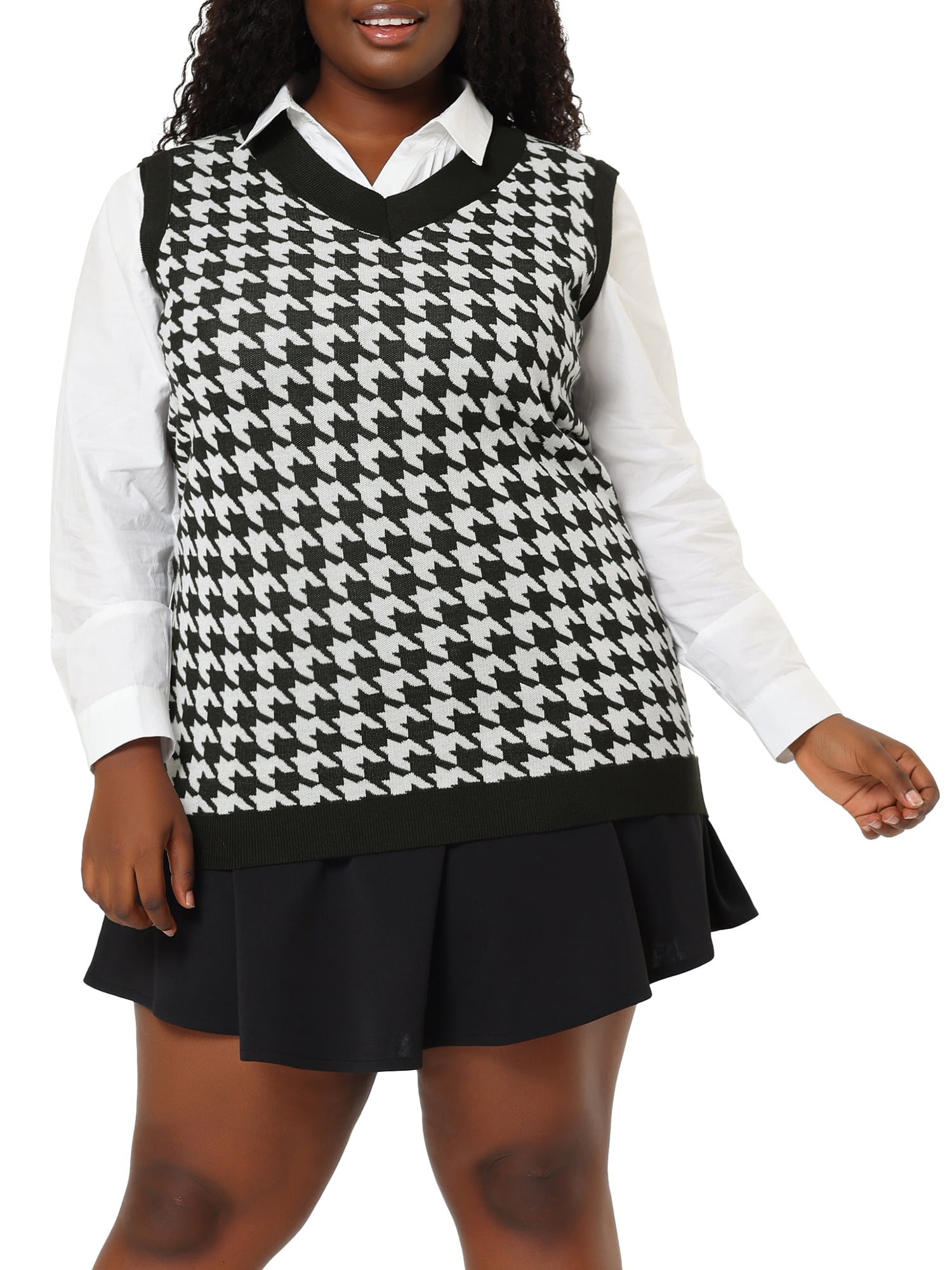 Unique Bargains Juniors' Plus Size Houndstooth Vest V Neck Loose Knitted Sweaters 4X Black White