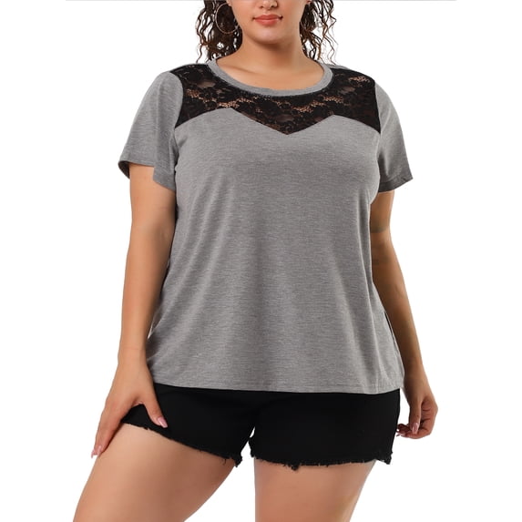 Unique Bargains Juniors' Plus Size Lace Insert Short Sleeves Round Neck Top L Gray