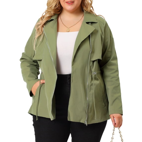 Unique Bargains Juniors' Plus Size Lapel Zipper Drawstring Waist Moto Jacket 1X Green