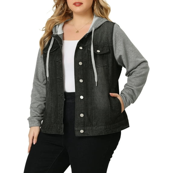 Unique Bargains Juniors' Plus Size Layered Drawstring Hood Denim Utility Outerwear Jacket 3X Black