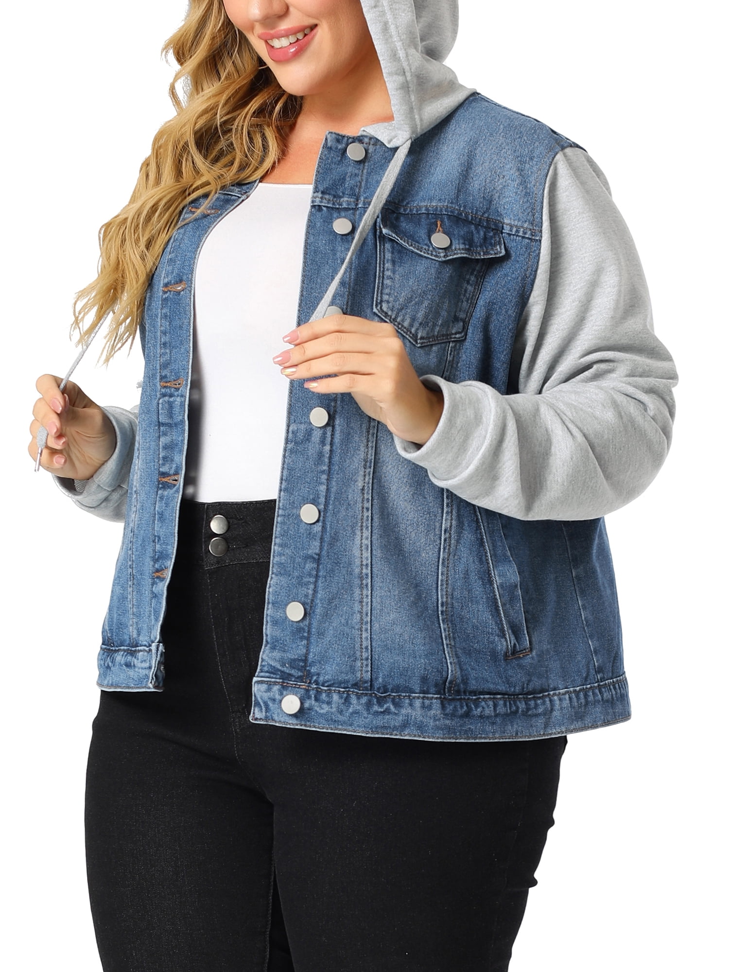 Unique Bargains Juniors' Plus Size Layered Drawstring Hood Denim Utility Outerwear Jacket 4X Blue
