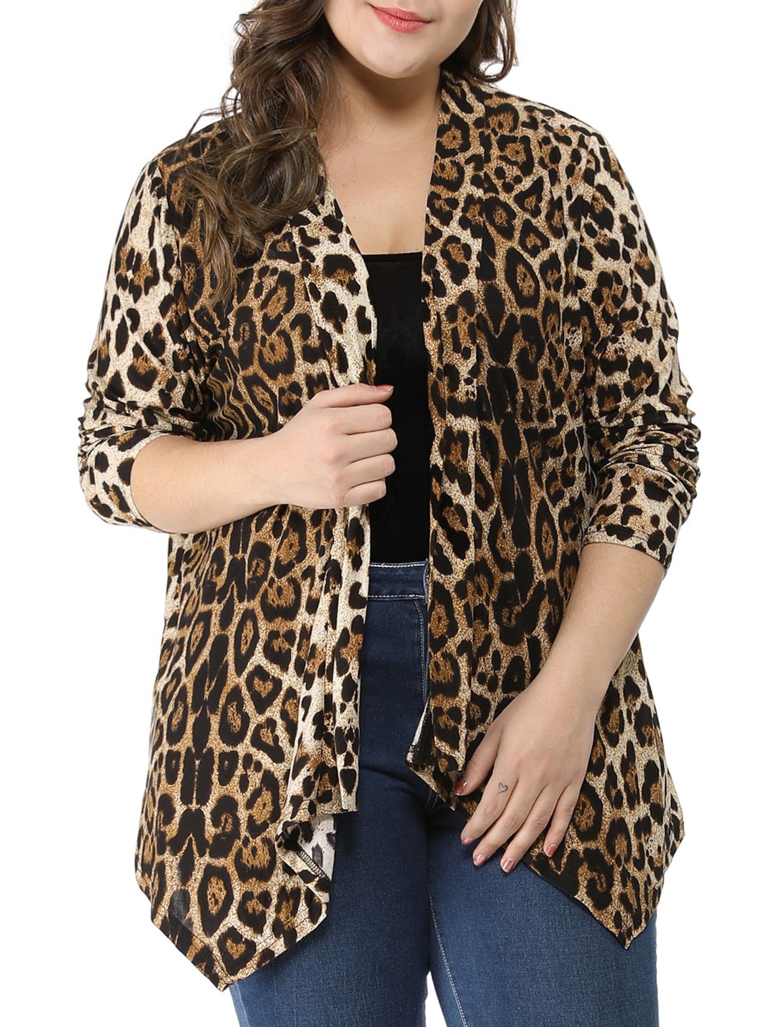 Unique Bargains Juniors' Plus Size Leopard Front Open Asymmetrical Cardigan 3X Beige