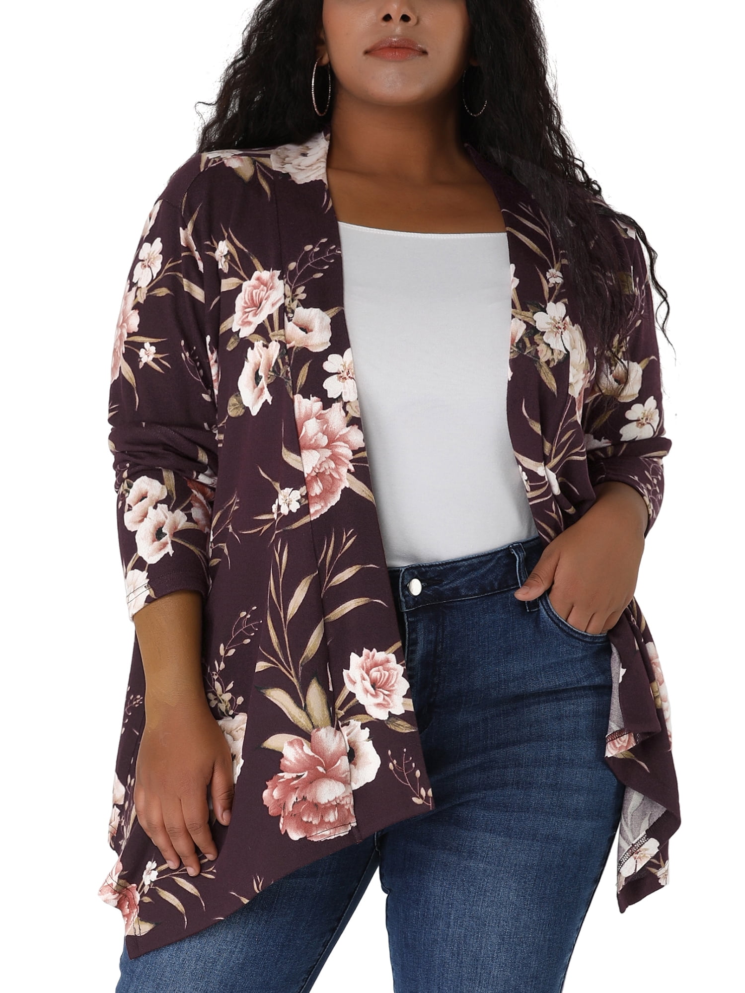 Unique Bargains Juniors' Plus Size Leopard Front Open Asymmetrical Cardigan 3X Burgundy