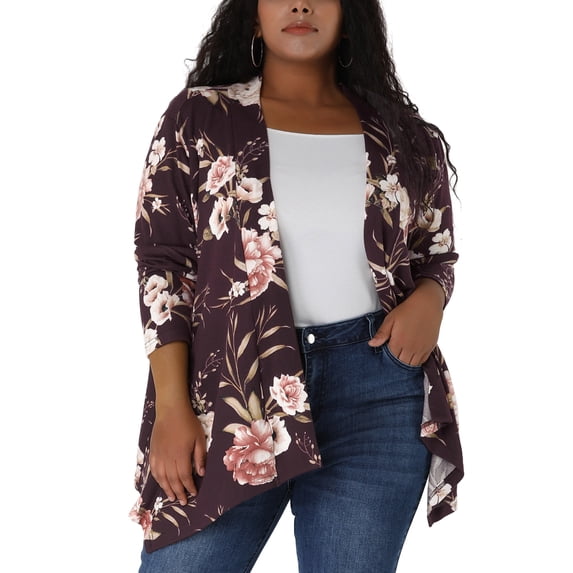 Unique Bargains Juniors' Plus Size Leopard Front Open Asymmetrical Cardigan 3X Burgundy