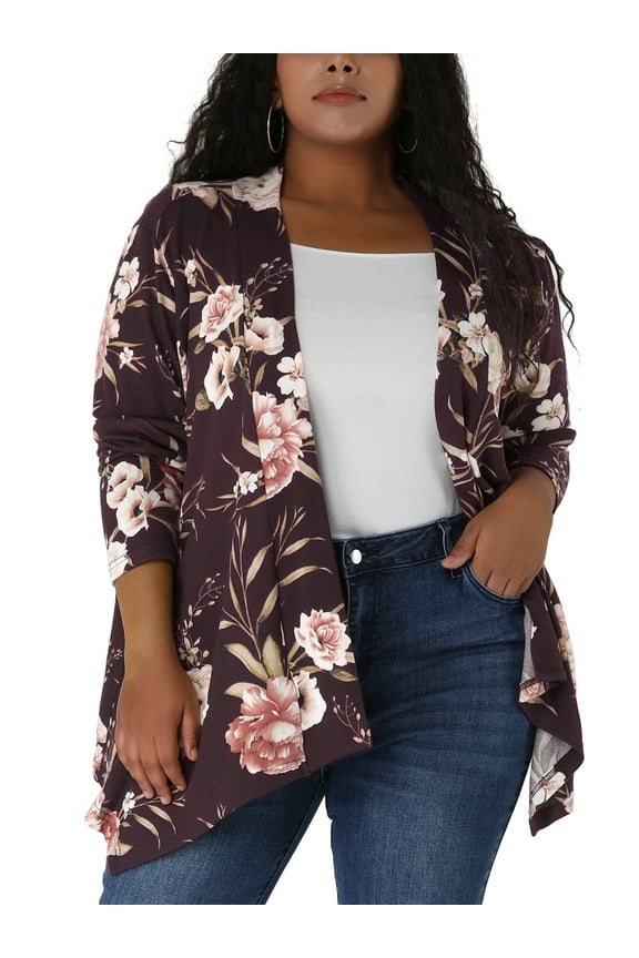 Juniors' Plus Size Leopard Front Open Asymmetrical Cardigan 3X Burgundy