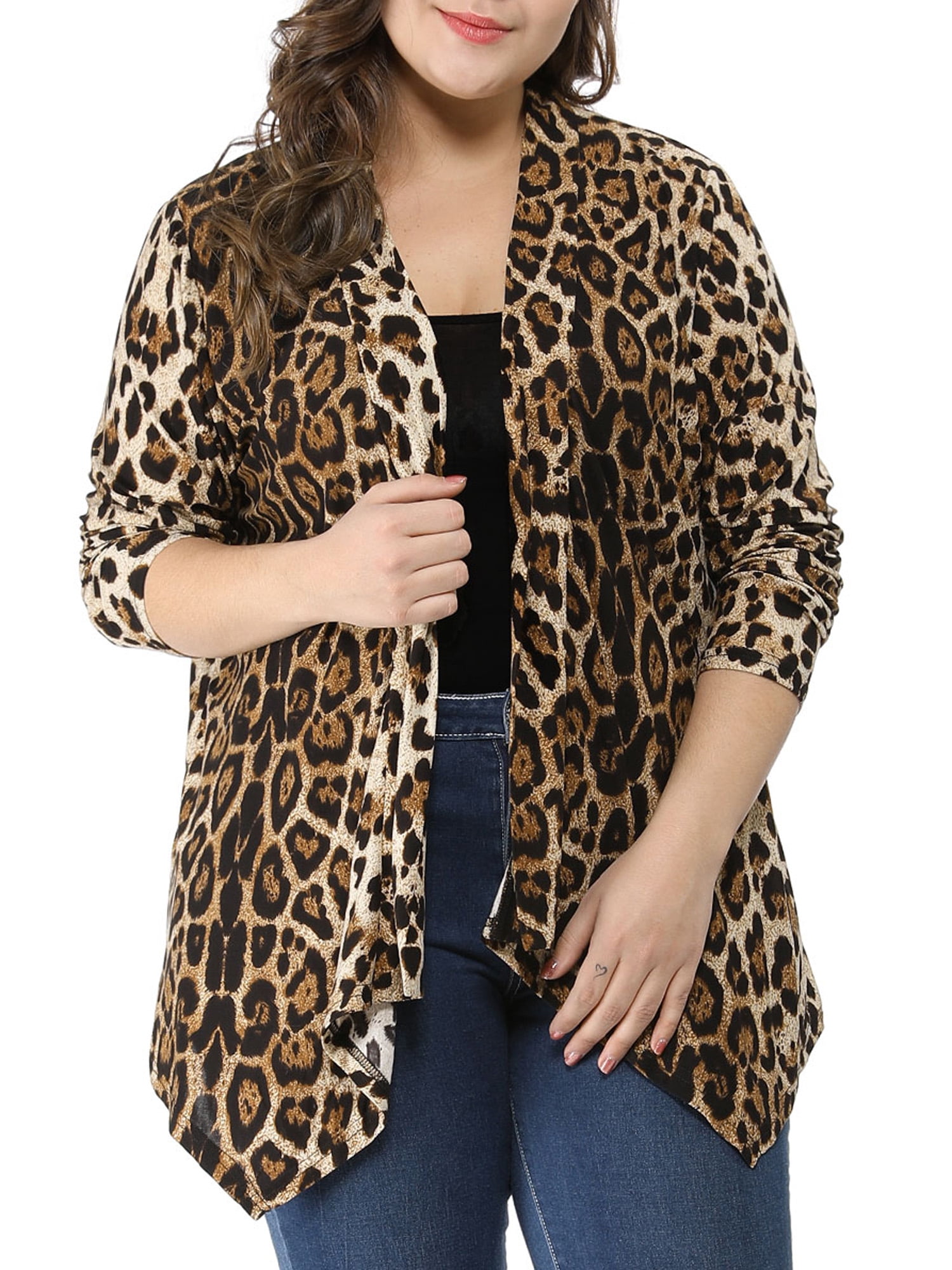 Unique Bargains Juniors' Plus Size Leopard Front Open Asymmetrical Cardigan 1X Beige