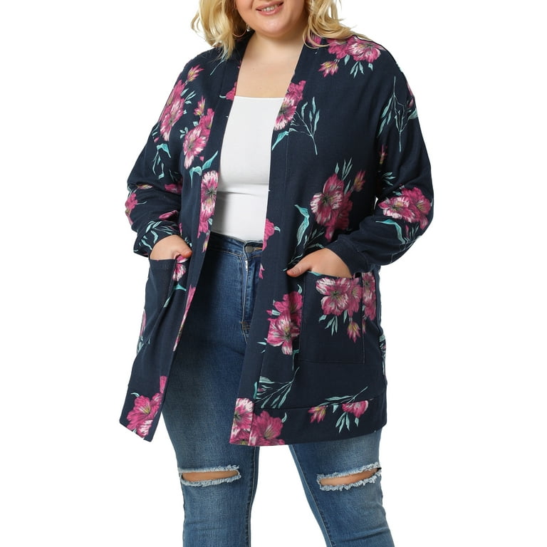 Unique Bargains Juniors Plus Size Long Sleeve Open Front Floral
