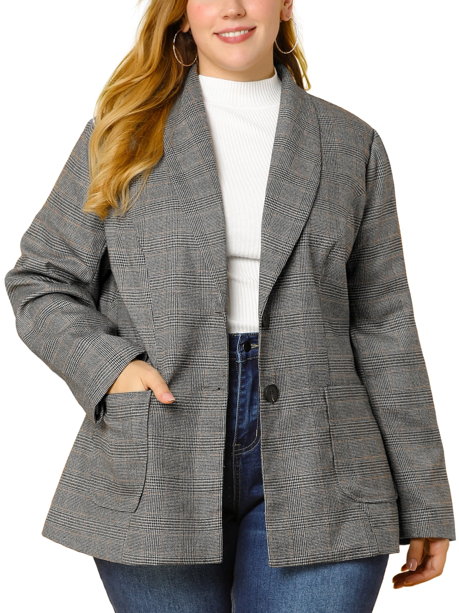 Unique Bargains Juniors' Plus Size Plaid Notched Lapel Collar Blazers