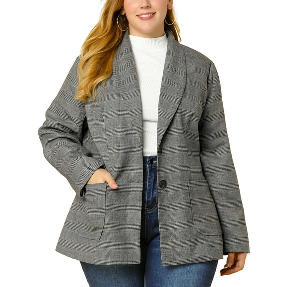 Unique Bargains Juniors' Plus Size Plaid Notched Lapel Collar Blazers