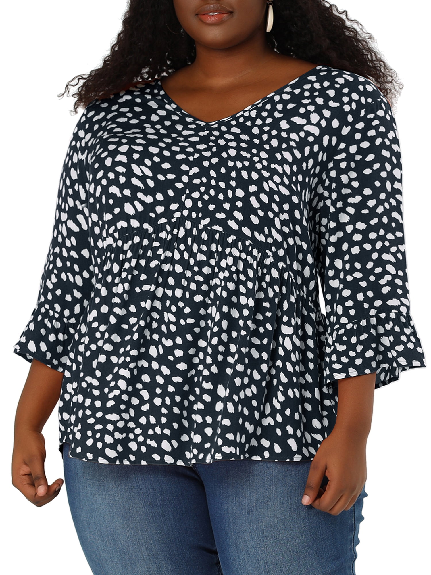 Unique Bargains Juniors' Plus Size Ruffle Sleeve Blouse V Neck 3/4 Polka Dots Peplum Top 3X Navy Blue