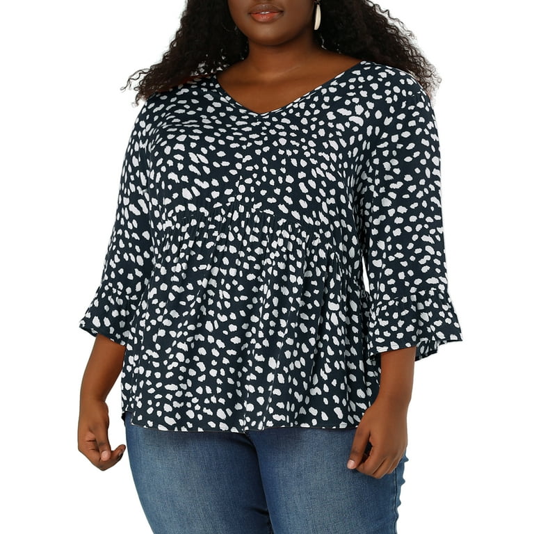 Unique Bargains Juniors' Plus Size Ruffle Sleeve Blouse V Neck 3/4 Polka  Dots Peplum Top