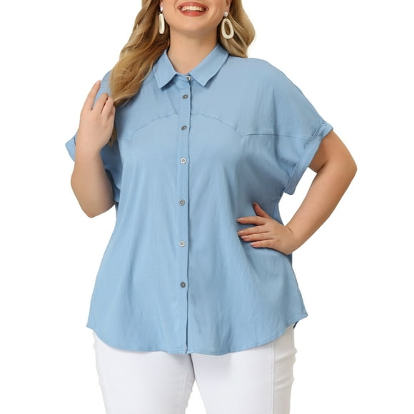 Unique Bargains Juniors' Plus Size Short Sleeve Button Down Chambray Shirts 3X Blue