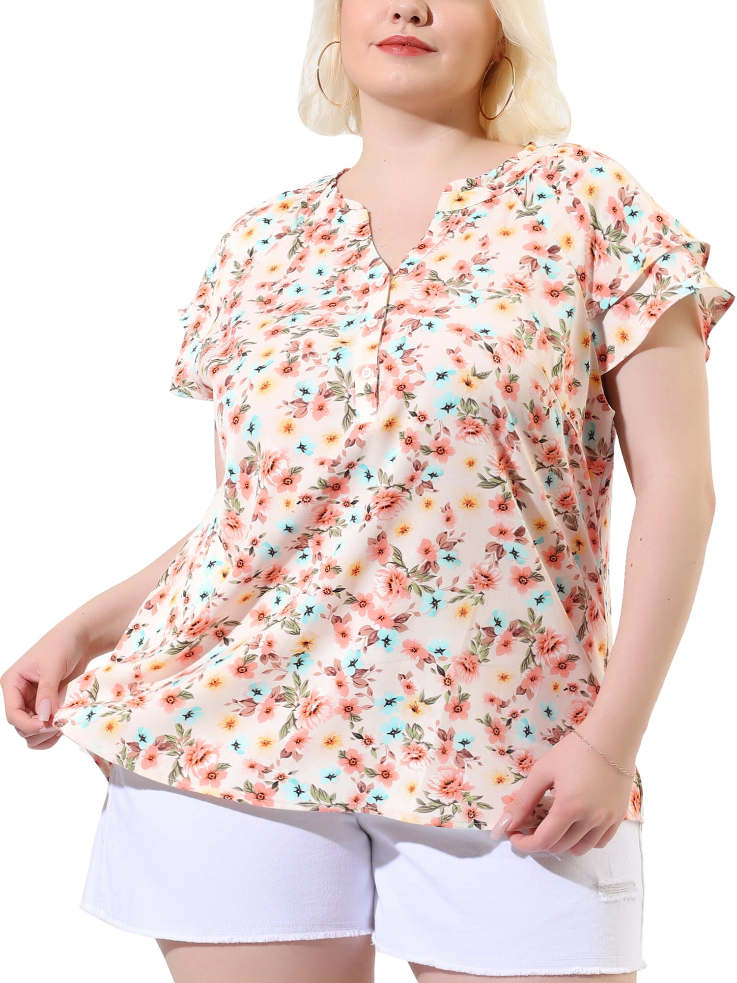 Unique Bargains Juniors' Plus Size Short Sleeve Floral Tiered Button Peplum Blouse 4X Pink