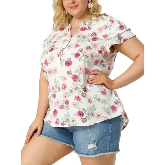 Unique Bargains Juniors' Plus Size Short Sleeve Floral Tiered Button Peplum Blouse 3X White