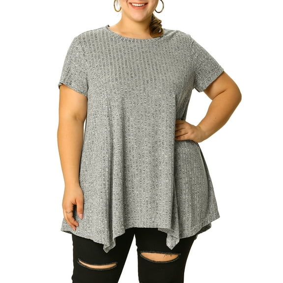 Unique Bargains Juniors' Plus Size Short Sleeve Tunic Handkerchief Hem Summer Casual Top 1X Gray