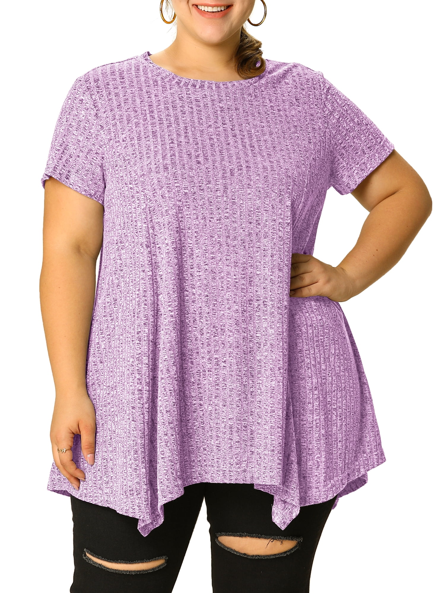 Unique Bargains Juniors' Plus Size Short Sleeve Tunic Handkerchief Hem Summer Casual Top 1X Purple