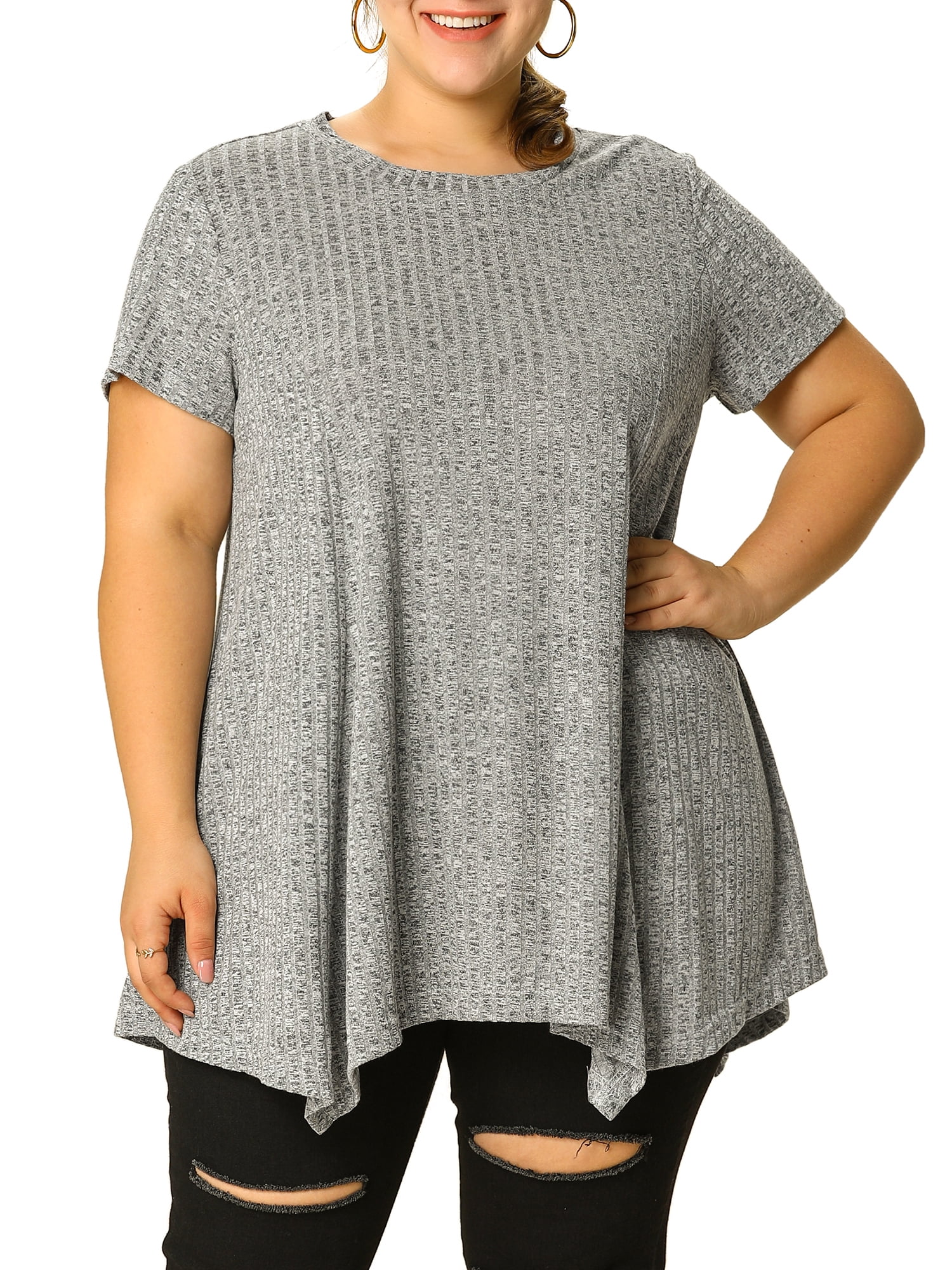 Unique Bargains Juniors' Plus Size Short Sleeve Tunic Handkerchief Hem Summer Casual Top 2X Gray