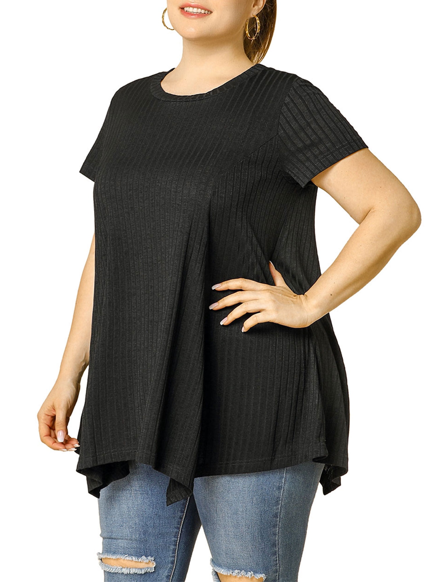 Unique Bargains Juniors' Plus Size Short Sleeve Tunic Handkerchief Hem Summer Casual Top 3X Black