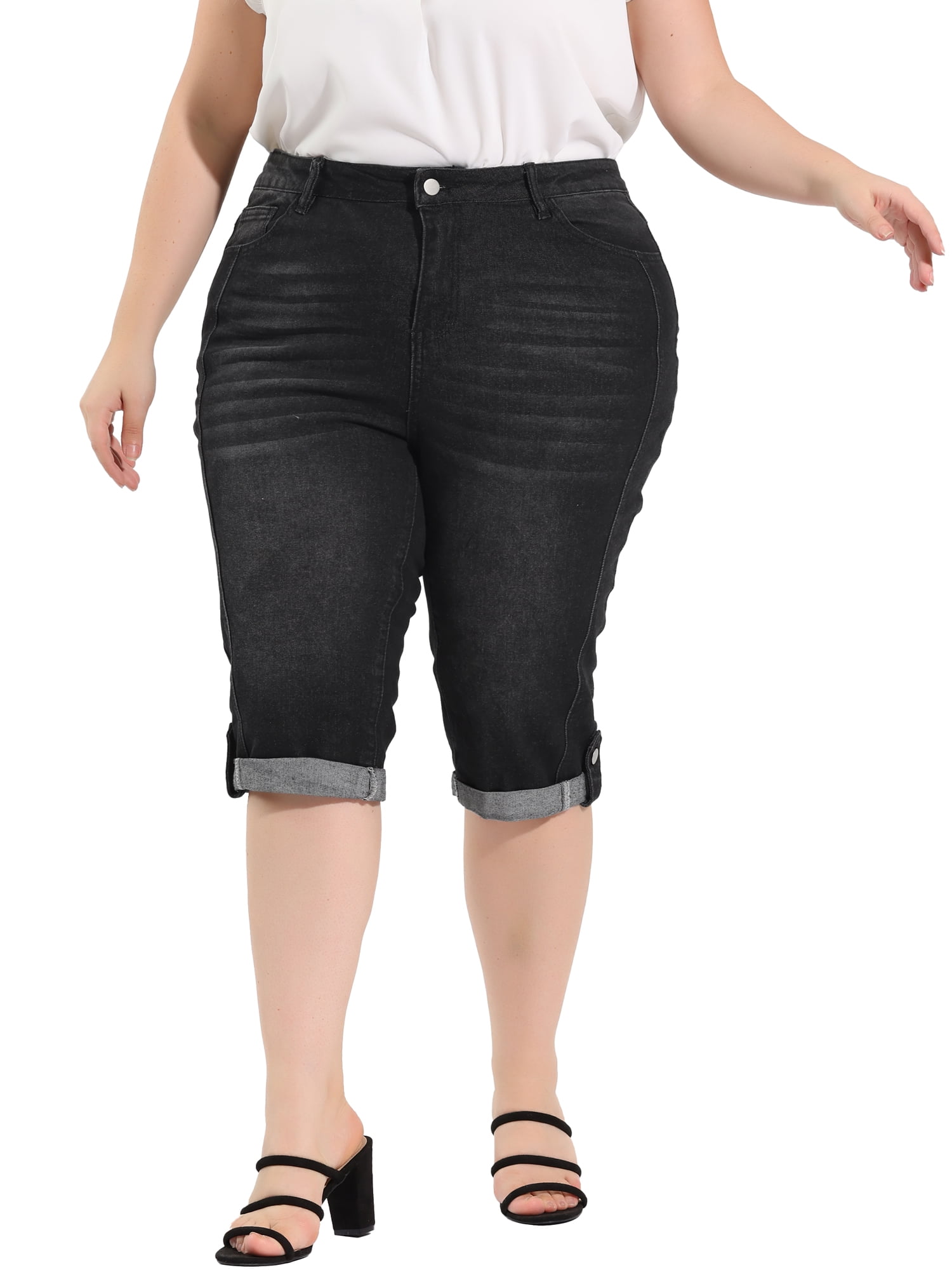 Unique Bargains Juniors' Plus Size Shorts Chambray Ripped Denim Capri Jeans Black 1X