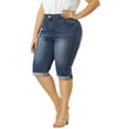 thumbnail image 1 of Unique Bargains Juniors' Plus Size Shorts Chambray Ripped Denim Capri Jeans Blue 2X, 1 of 7