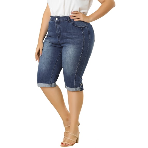 Unique Bargains Juniors' Plus Size Shorts Chambray Ripped Denim Capri Jeans Blue 2X