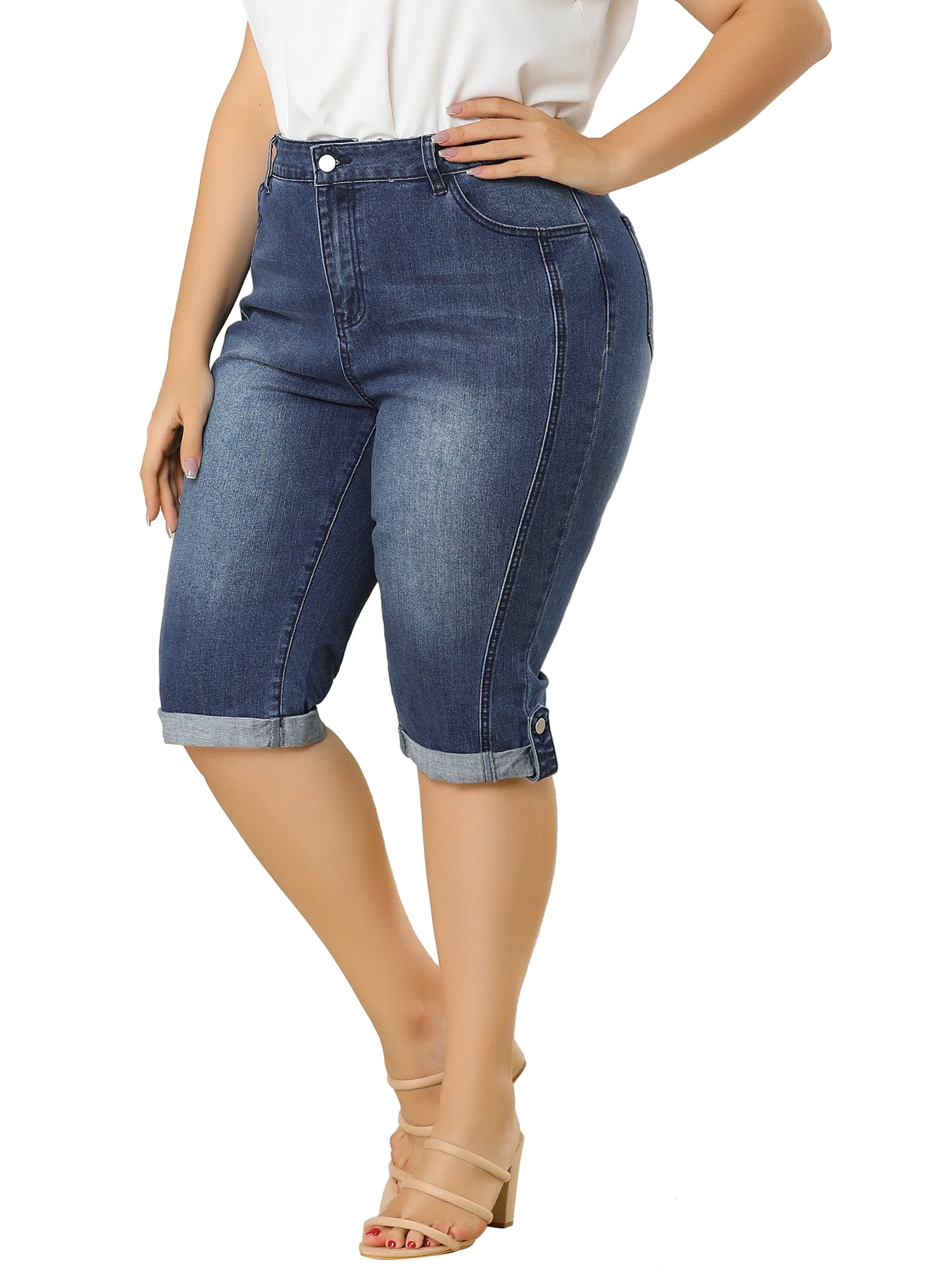 Unique Bargains Juniors' Plus Size Shorts Chambray Ripped Denim Capri Jeans Blue 4X