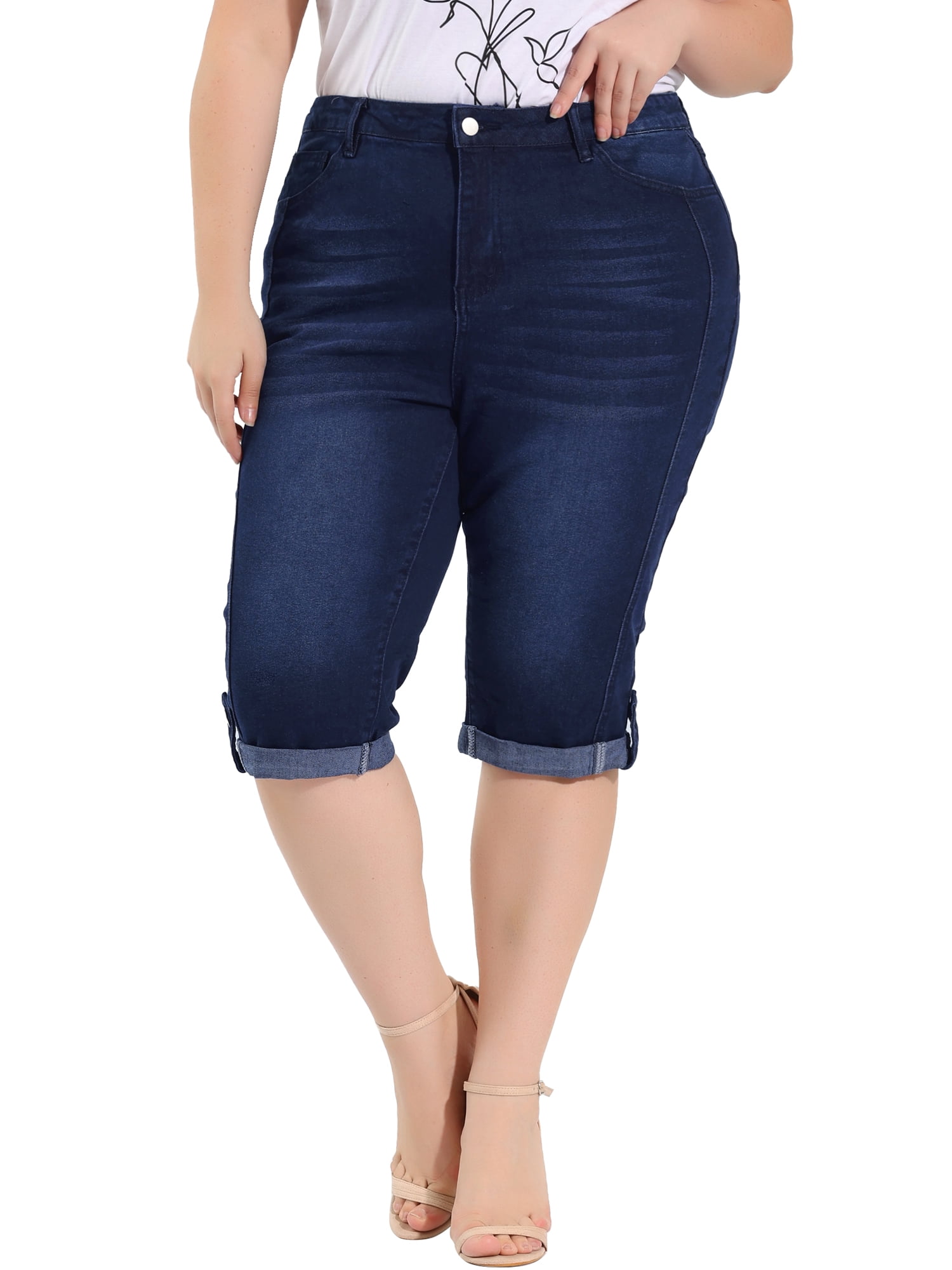 Unique Bargains Juniors' Plus Size Shorts Chambray Ripped Denim Capri Jeans Dark Blue 1X