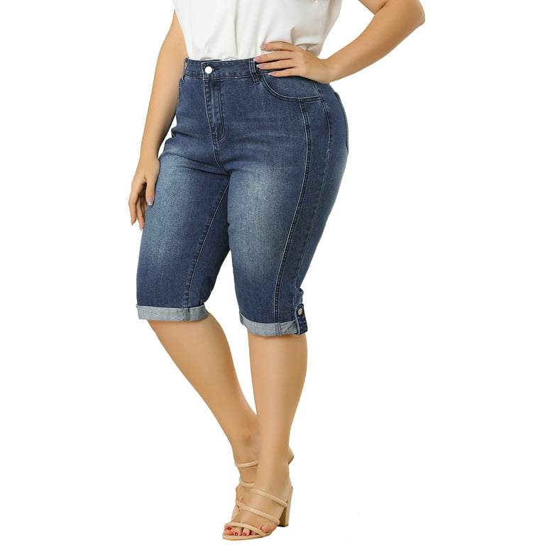 Unique Bargains Juniors' Plus Size Shorts Chambray Ripped Denim Capri Jeans  