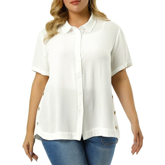 Unique Bargains Juniors' Plus Size Side Slit Roll Up Sleeve Button Front Shirts 3X White