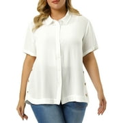 UNIQUE BARGAINS Juniors' Plus Size Side Slit Roll Up Sleeve Button Front Shirts 4X White