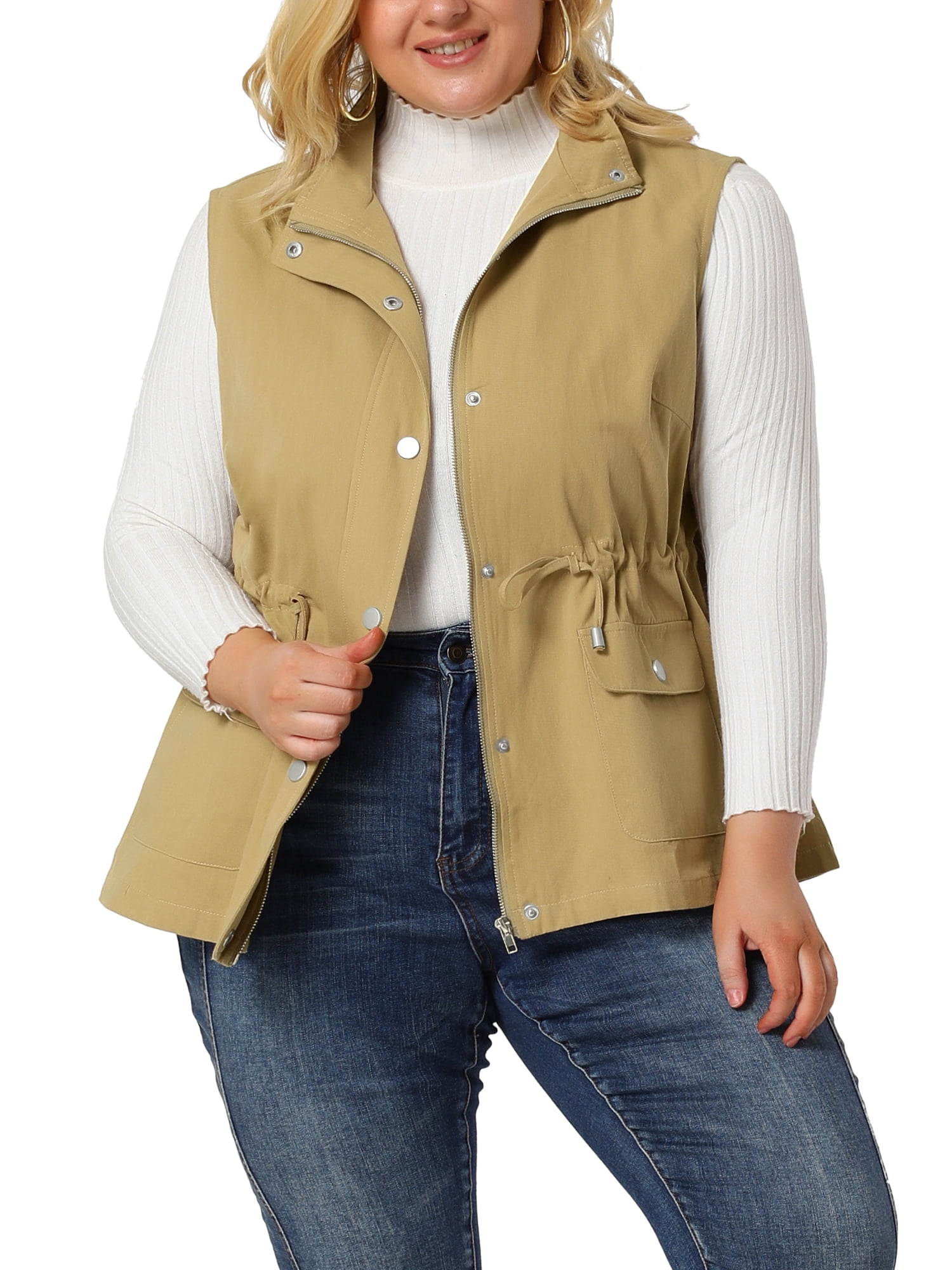 Unique Bargains Juniors' Plus Size Sleeveless Cargo Drawstring Waist Fashion Jacket Vest 1X Khaki