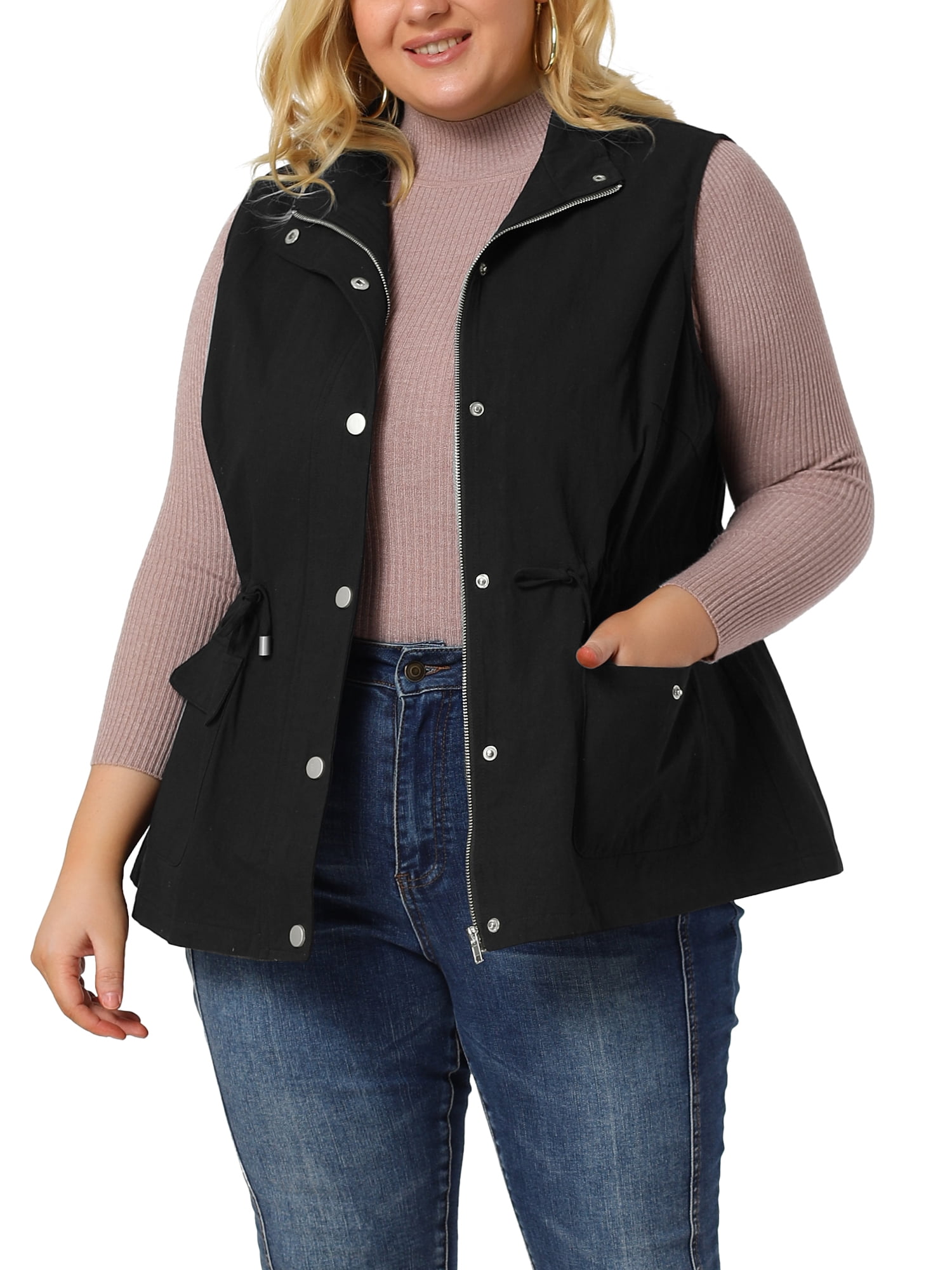 Unique Bargains Juniors' Plus Size Sleeveless Cargo Drawstring Waist Fashion Jacket Vest 3X Black