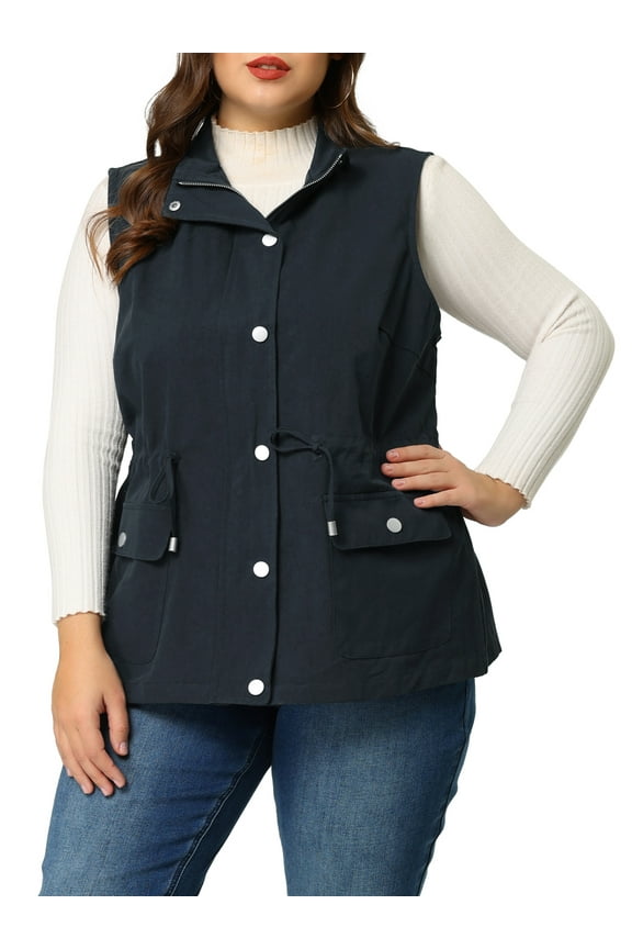 Juniors' Plus Size Sleeveless Cargo Drawstring Waist Fashion Jacket Vest 4X Navy Blue