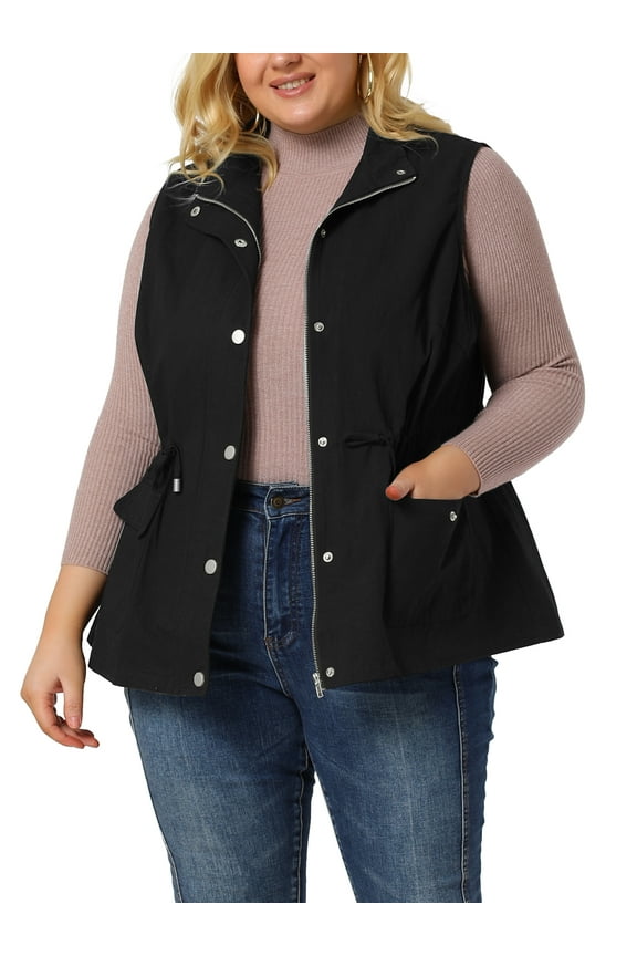 Juniors' Plus Size Sleeveless Cargo Drawstring Waist Fashion Jacket Vest 3X Black