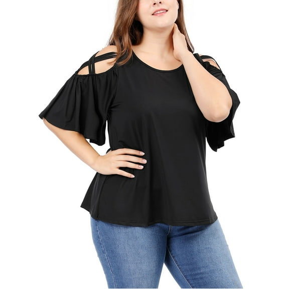 Unique Bargains Juniors' Plus Size Strappy Shoulder Trumpet Sleeves Top 1X Black