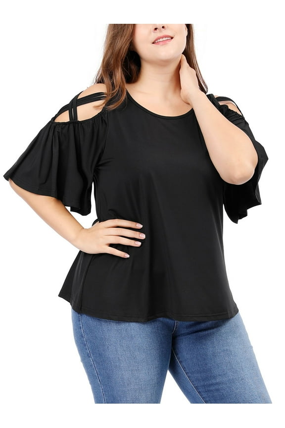 Juniors' Plus Size Strappy Shoulder Trumpet Sleeves Top 1X Black