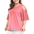 thumbnail image 1 of Unique Bargains Juniors' Plus Size Strappy Shoulder Trumpet Sleeves Top 2X Pink, 1 of 5